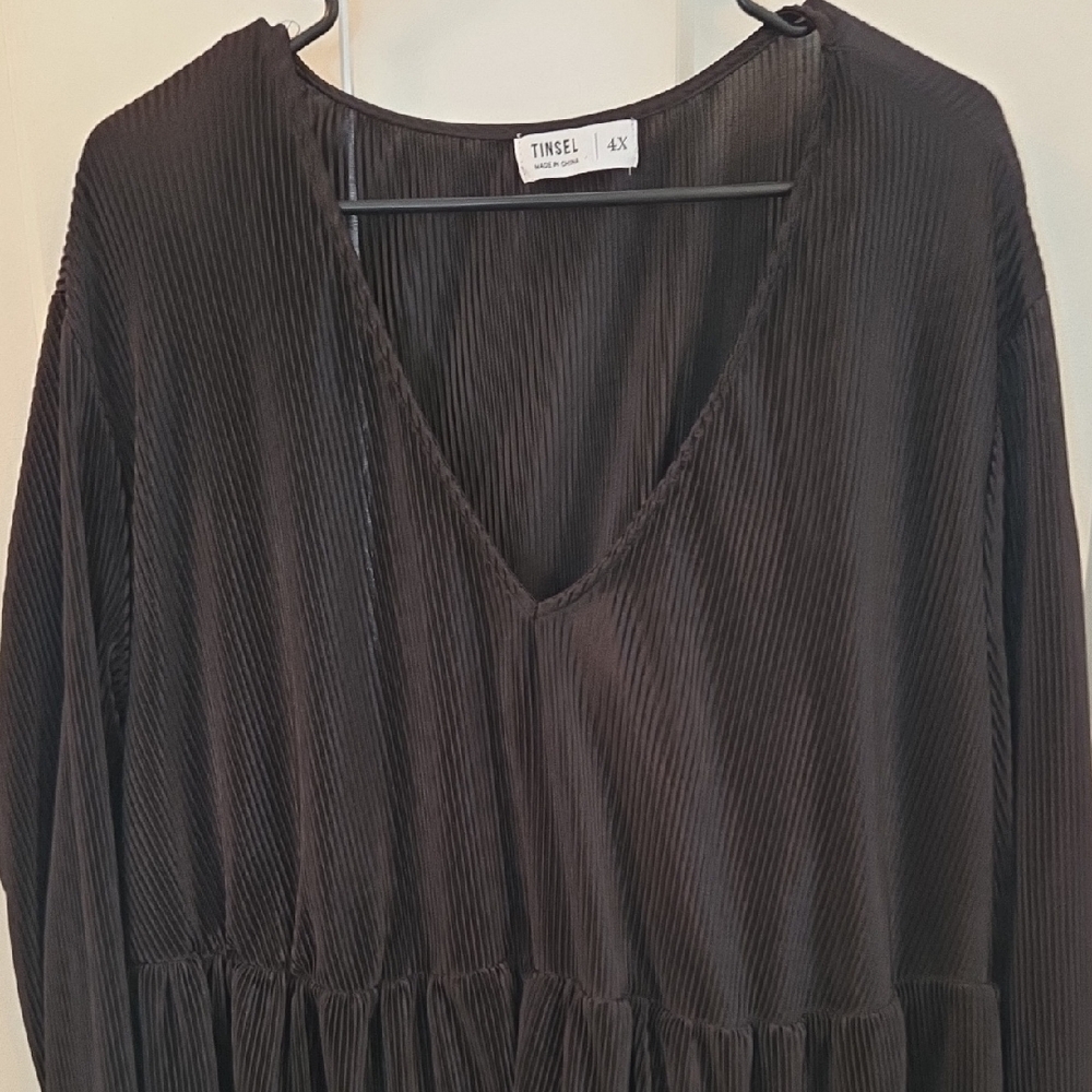 Tinsel Charcoal Pleated V-Neck Tunic